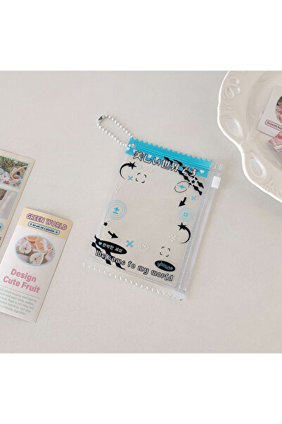 Choice حامل بطاقات شفاف لطيف بسحاب على الطراز الكوري الأزرق، مع جيب للصور مقا...