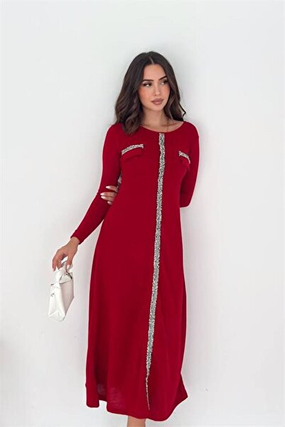 Neşeli Butik Women Red Stone Striped Detail Long Sleeve Midi Length Casual Dr...