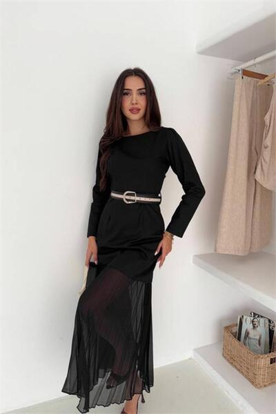 Neşeli Butik Дамска черна пола с плисета, дълга рокля с колан NBK4342