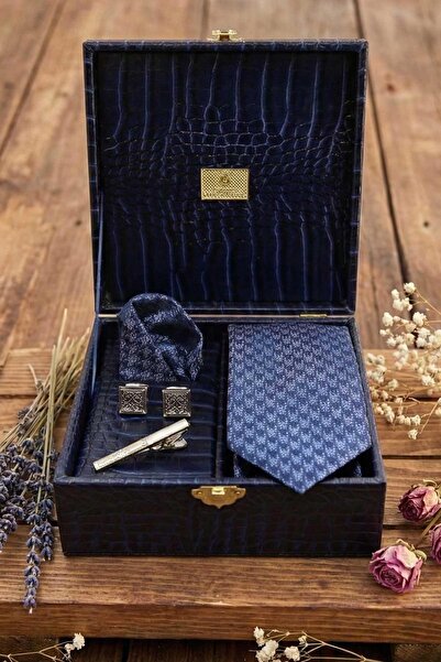 Kravatkolik Navy Blue Men's Gift Box - Tie Cufflinks Tie Clip Kmk116