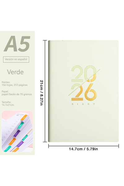 Choice مخطط يناير-ديسمبر 2026، أخضر فاتح - ES-70G، دفتر ملاحظات باللغتين الإس...