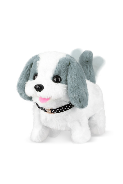 Choice لعبة إلكترونية على شكل كلب صغير أبيض ورمادي، مصنوعة من القطيفة، تصدر ص...