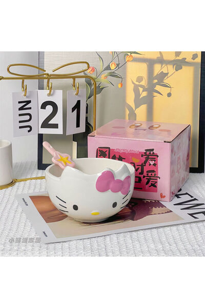 Miniso مع علبة، وعاء وملعقة، طقم أدوات مائدة سيراميك بتصميم شخصية هيلو كيتي ك...