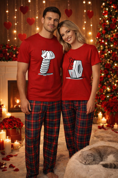 MVRDAR Couple's Pajama Set - T-shirt and Pajama Pants, Cotton, Valentine's an...