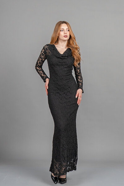 MissVina Degaje Yaka Güpür Detailed Lined Tulle Slim Long Dress – 50365