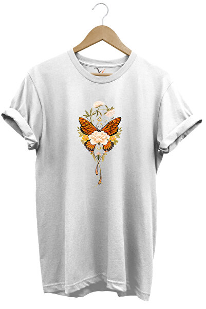 WİDİ Minimal Fluture și flori cu imprimeu bumbac 100% Regular Fit guler rotun...