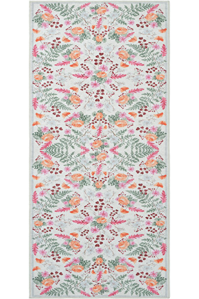 Cool Halı Florence Krem Turuncu Renkli Çiçekli Vintage Bohem Makinede Yıkanab...