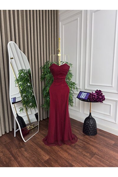 BTROON Evening dress, mesh fabric, embroidered trim, genuine zircon stones