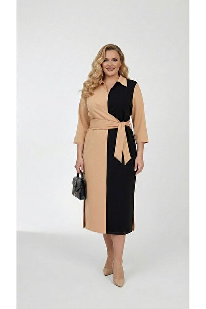 Koza Butik Kadın Büyük Beden Gömlek Yaka Bağlamalı Elbise 5399-26
