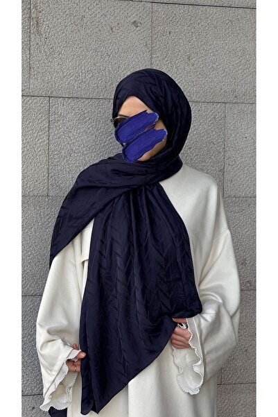 Qalortex Scarf Cotton Herringbone Jacquard Shawl-Navy Blue