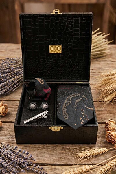 Kravatkolik Cutie cadou pentru bărbați negru - Cravată, butoni și agrafă pent...