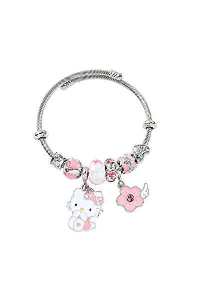Miniso سوار هيلو كيتي الوردي المزين بالمينا، مزين بقلادة على شكل زهر الكرز، س...