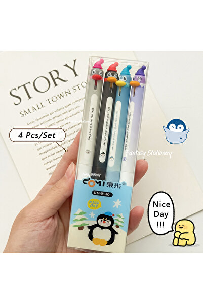 Choice مجموعة أقلام جل بتصميم البطريق والببغاء، 4 قطع، لون أسود، رأس رفيع قاب...