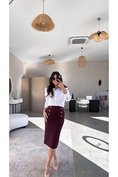 Buket Teke Burgundy Six Button Steel Knitted Skirt