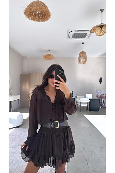 Buket Teke Brown Chiffon Belted Premium Dress