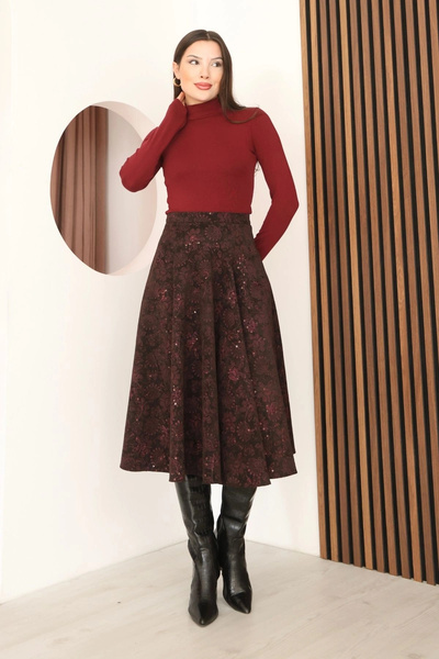 lodmela Printed and Sequined Velvet Flared Skirt 6070-Brown/Fuchsia