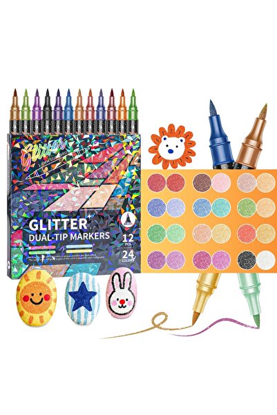 Choice 24 لونًا - 12 قلمًا بفرشاة لامعة، قلم تحديد مزدوج الرأس ثنائي اللون لا...