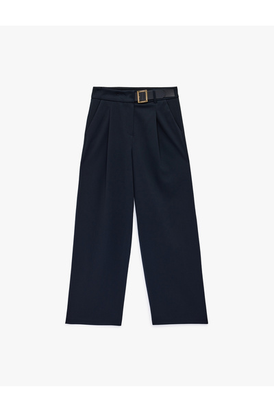 Koton Viscose Blend Wide Leg Trousers with Pocket and Belt Detail