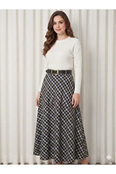 Enga Vera Women's Plaid Patterned Long High Waist Side Zipper Winter Skirt (F...