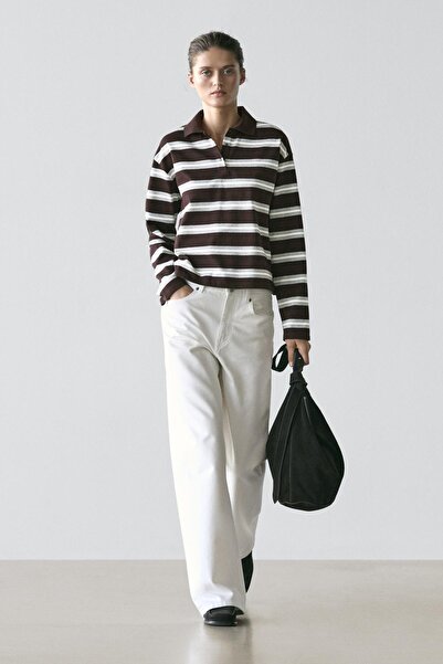 Massimo Dutti Çizgili pamuklu triko polo yaka t-shirt