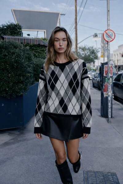 HAKKE Kadın Oversıze Ekose Desen Yumuşak Triko KAZAK