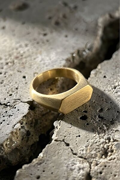 Takıdepo Yatay Altıgen Model Gümüş Erkek Şövalye Yüzüğü - Altın Rengi