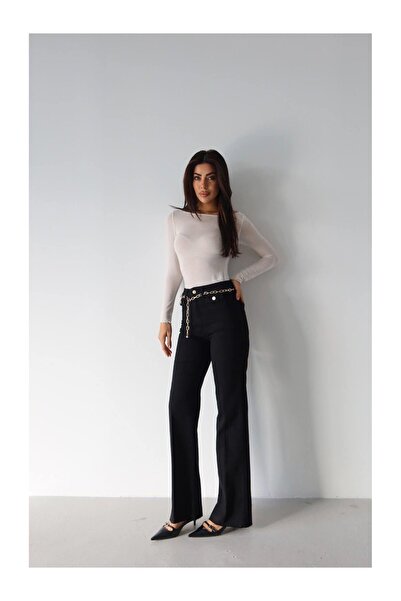 Coral Chain Belted Gabardine Trousers 8158-1 Black