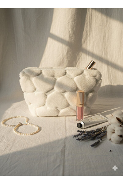 YILDIZ DİJİTAL HOME Punch Embroidered Heart Pattern Makeup Bag Teddy Fluffy O...