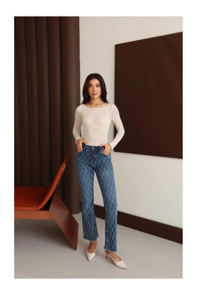 Coral Büyük Baklava Taşlı Kot Pantolon 7403-B Lacivert