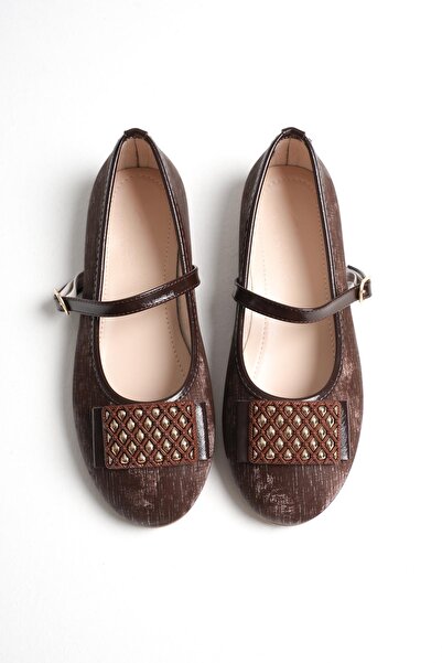 minnose Acı Kahve Kadın Mary Jane Babet - Taşlı Kare Toka Detaylı Ortopedik T...