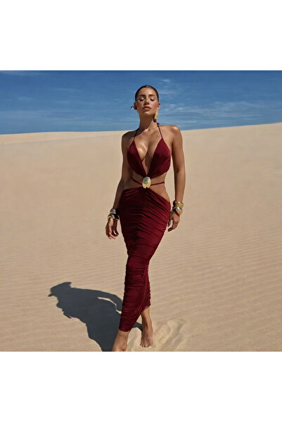 pink life Bordo Sandy Kumaş Toka Det.Dekolteli Midi Elbise