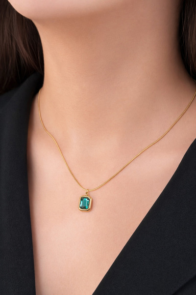 HOUSEKİ Vintage Minimal Rectangular Colored Stone Steel Necklace