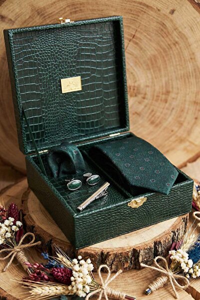 Kravatkolik Cutie cadou pentru bărbați verde - Cravată, butoni, agrafă pentru...