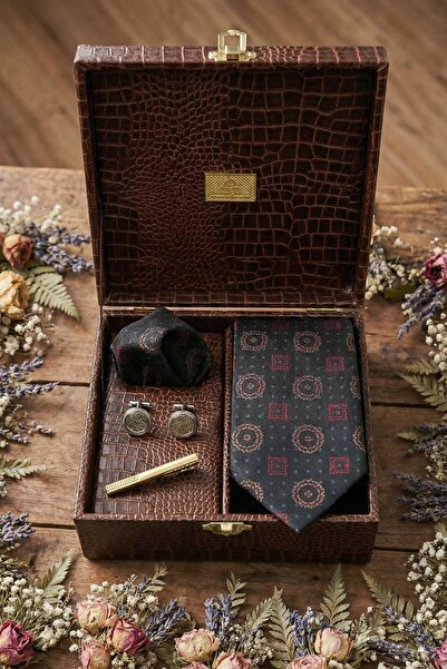Kravatkolik Brown Men's Gift Box - Tie Cufflink Tie Clip Kmk141