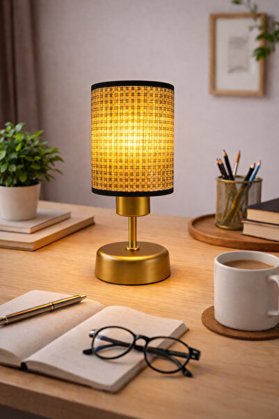 Natiorj Silindir Hazeran Şapkalı Eskitme Pilli Masa Lambası Salon Yatak Odası...