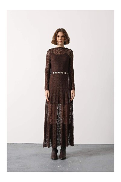 Coral Lined Long Tulle Dress with Accessories 35536 Brown