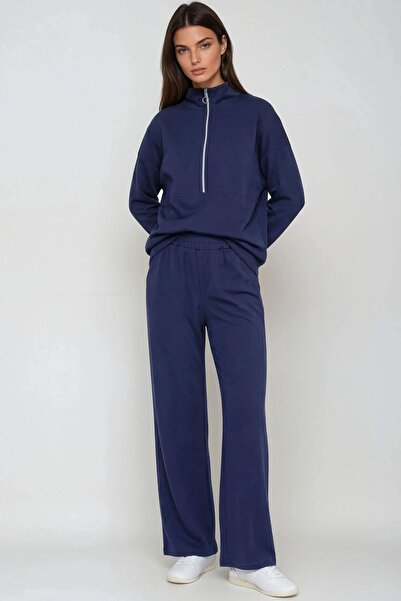 Hiccup Modal Textured Zippered Collar Wide Leg Two-Piece Suit Berşan Collection