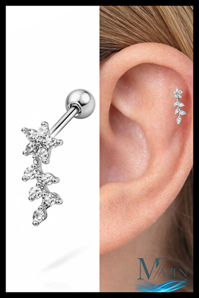 MAZEN Çiçek Yaprak Zirkon Taşlı Tragus Helix Piercing | Arkası Toplu Model - ...