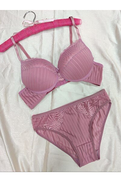 Love Angels Striped Lace Detailed Push-Up Padded Underwear Set-Bra Panty Set