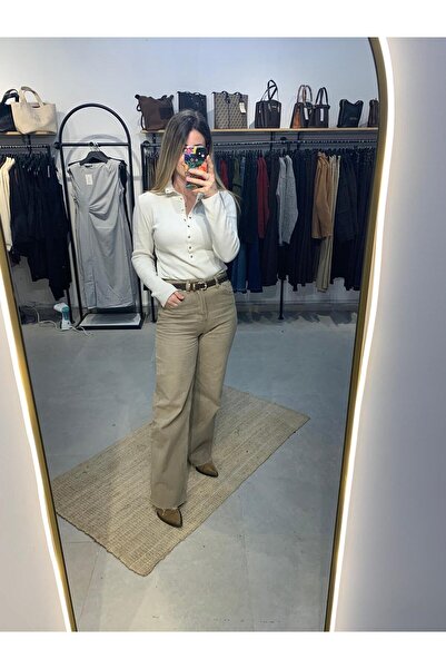 Ecenin Favorileri Beige Wide Raw Hem Wide Leg Women's Jean Trousers