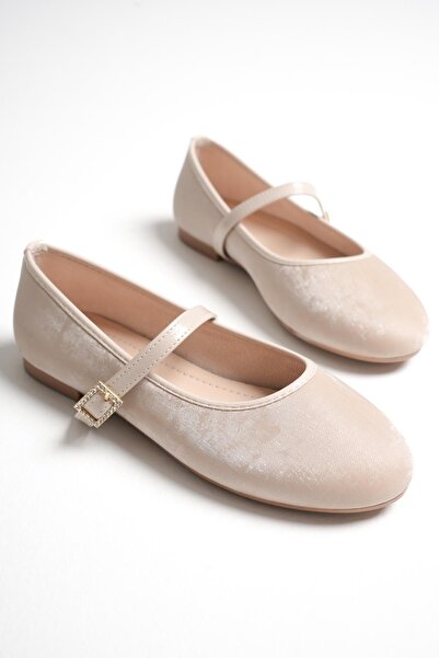 minnose Bej Kadın Tek Baretli Babet - Işıltılı Kare Toka Detaylı Yumuşak Taba...