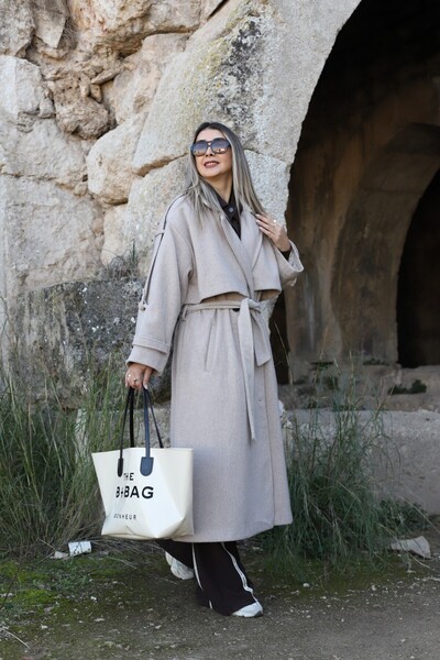 bytugcekaya Mink standard size striped lined button detail cashmere coat