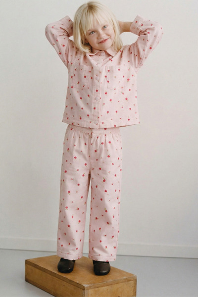 Magu Girl's Cotton Pink Floral Pattern Jacket Collar Pants Set