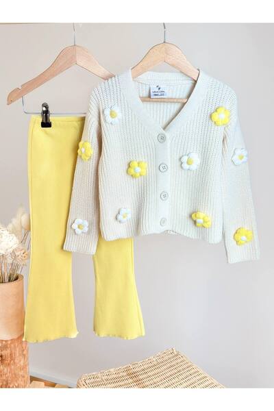 Bloom Papatyalı Ekru Triko Hırka ve İspanyol Tayt Kız Çocuk Takım