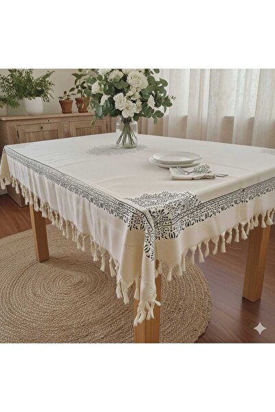 Milenam Bohemian Style Wooden Printed Tassels Linen Tablecloth