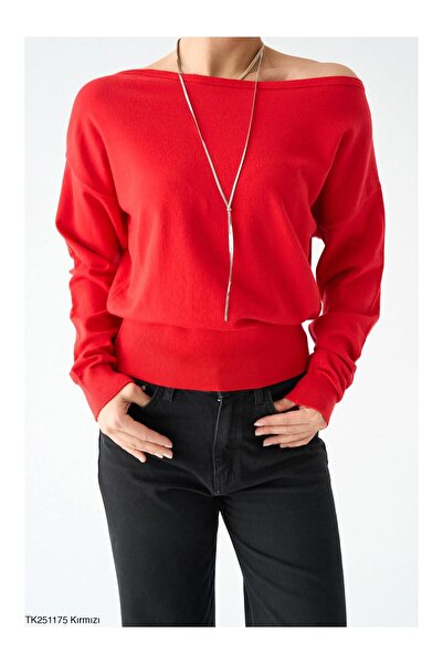Coral Saç Örgülü Degaje Yaka Kazak Tk251175 Kırmızı