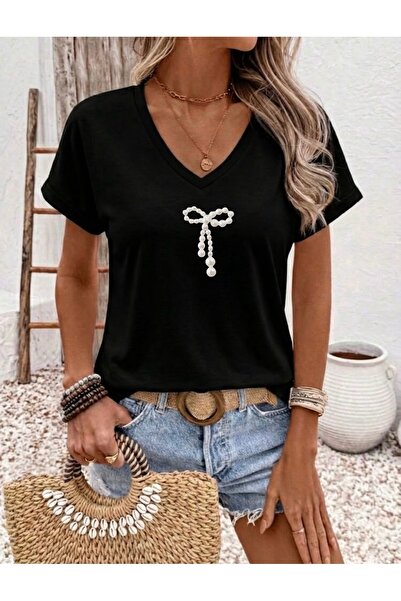 FUFLUNS Pearl Pattern Ribbon Printed Women's Oversize V-Neck T-Shirt