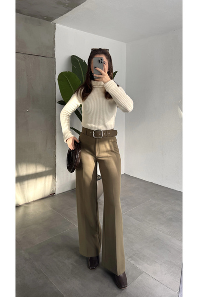 asfamoda Pantaloni de damă din stofă, cu talie înaltă și picior larg, cu cure...