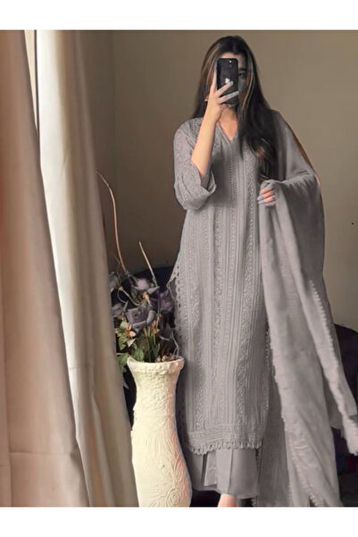 MYSMAR Gray Chinon Salwar Kameez Dupatta - HRT4082 | Gray
