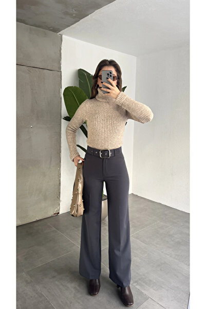 asfamoda Pantaloni de damă din material textil, cu talie înaltă și picior lar...